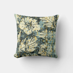 Hawaiian style hibiscus fabric with tribal backgro throw pillow