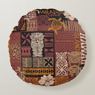 Hawaiian style tribal motif fabric patchwork abstr round pillow