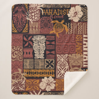 Hawaiian style tribal motif fabric patchwork abstr sherpa blanket