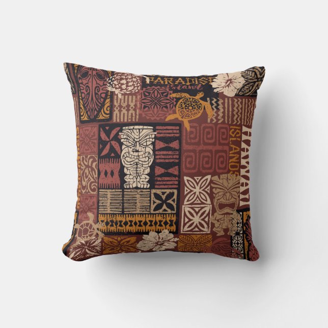 Hawaiian style tribal motif fabric patchwork abstr throw pillow (Front)