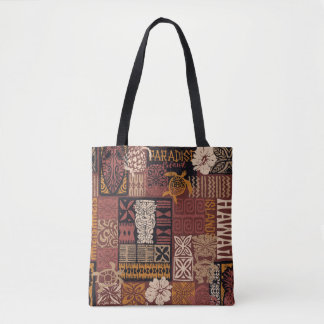 Hawaiian style tribal motif fabric patchwork abstr tote bag