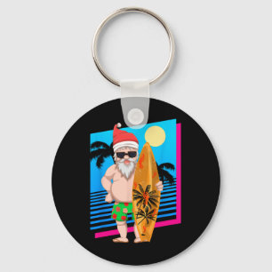 Hawaiian Summer Surfer Santa Claus Funny Christmas Keychain