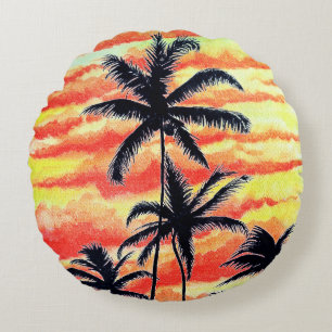 Hawaiian Sunset Coco Palms Round Pillow