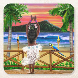 Hawaiian Sunset Hula Dancer Square Paper Coaster