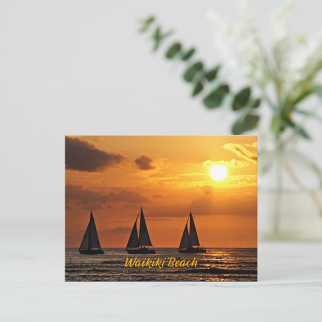 Hawaiian Sunset, Waikiki Beach, Postcard (Standing Front)