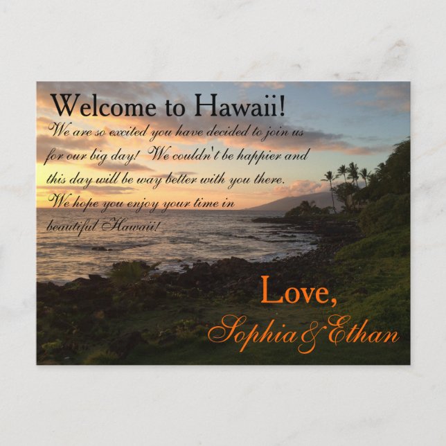 Hawaiian Sunset Wedding Welcome Bag Note Postcard (Front)