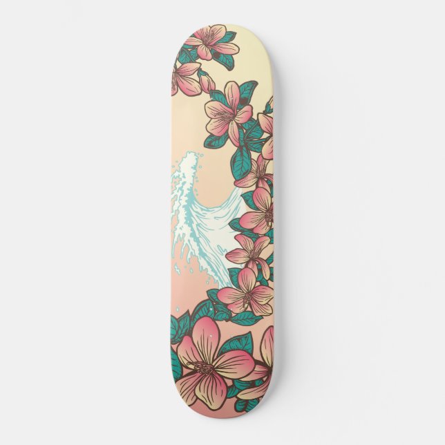 Hawaiian Surf Wave Hibiscus Flowers  Vintage Skateboard (Front)