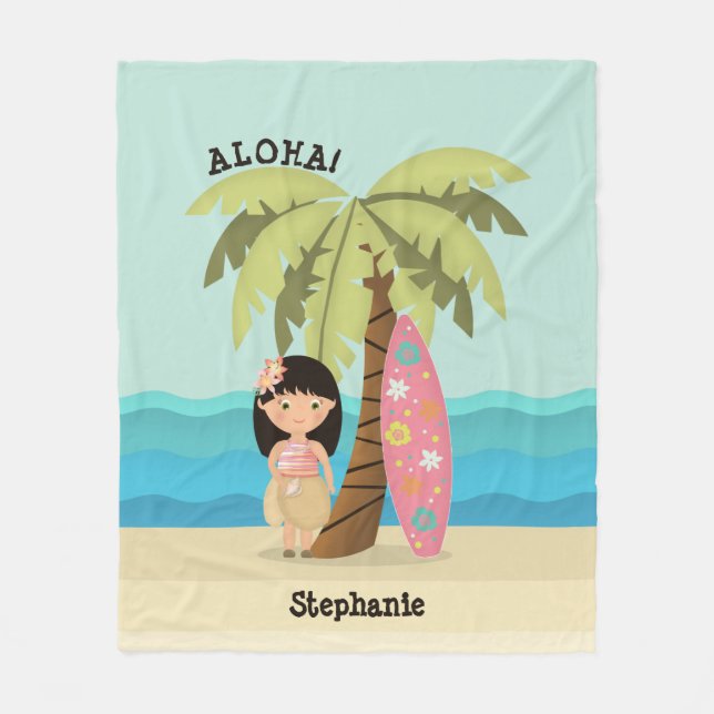 Hawaiian Surfer Girl Fleece Blanket (Front)