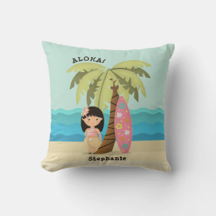 Hawaiian Surfer Girl Throw Pillow