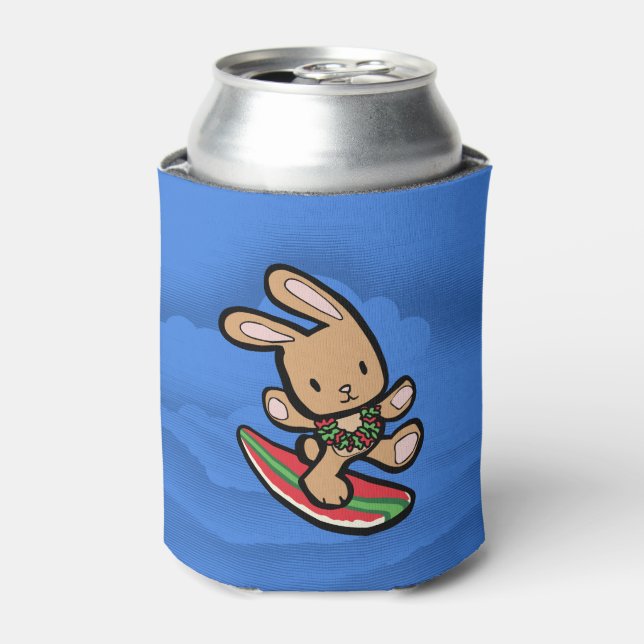 Hawaiian Surfing Bunny Holiday Cartoon Can Cooler (Can Front)