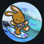 Hawaiian Surfing Bunny Holiday Cartoon Classic Round Sticker<br><div class="desc">There is nothing better than a tropical vacation during the winter holidays! And even better, our adorable surfing bunny, Coco takes on the big waves on the North Shore of Oahu, Hawaii. He brings with him the Aloha sprit for the holidays and wishes you a "Mele Kalikimaka" (Merry Christmas). This...</div>
