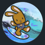 Hawaiian Surfing Bunny Holiday Cartoon Classic Round Sticker<br><div class="desc">There is nothing better than a tropical vacation during the winter holidays! And even better, our adorable surfing bunny, Coco takes on the big waves on the North Shore of Oahu, Hawaii. He brings with him the Aloha sprit for the holidays and wishes you a "Mele Kalikimaka" (Merry Christmas). This...</div>