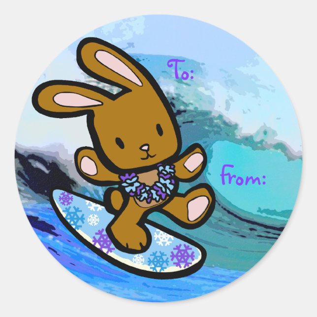 Hawaiian Surfing Bunny Holiday Cartoon Classic Round Sticker (Front)