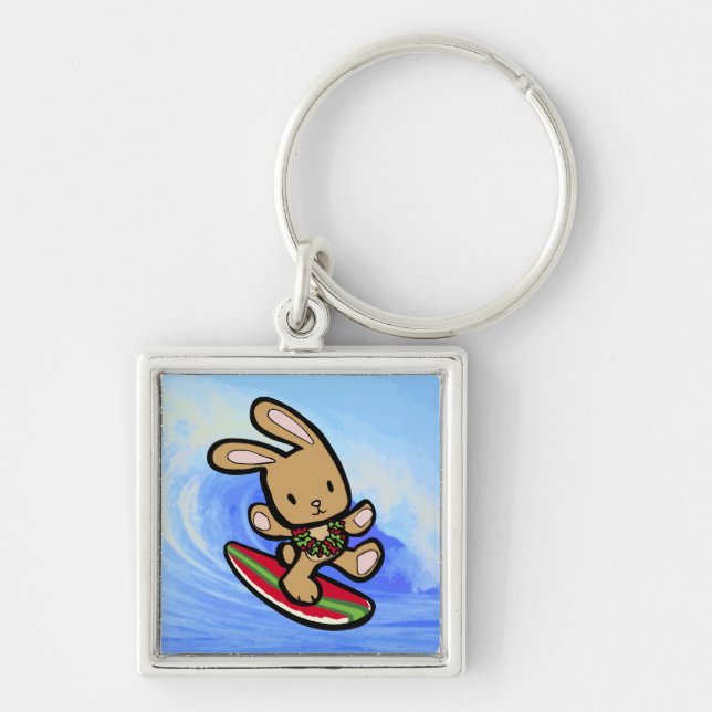 Hawaiian Surfing Bunny Holiday Cartoon Keychain (Front)