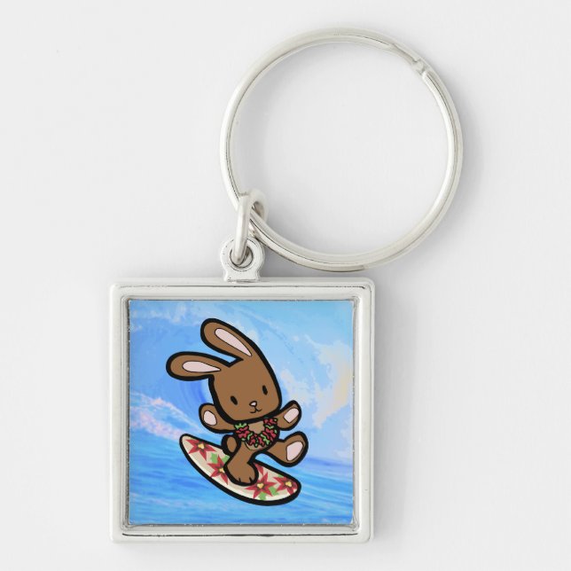 Hawaiian Surfing Bunny Holiday Cartoon Keychain (Front)