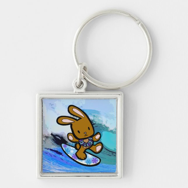 Hawaiian Surfing Bunny Holiday Cartoon Keychain (Front)