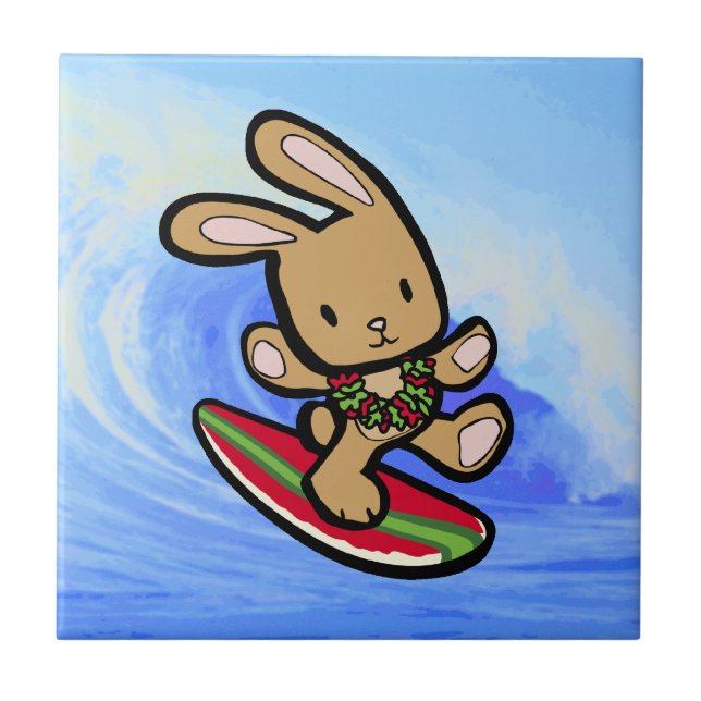 Hawaiian Surfing Bunny Holiday Cartoon Tile (Front)