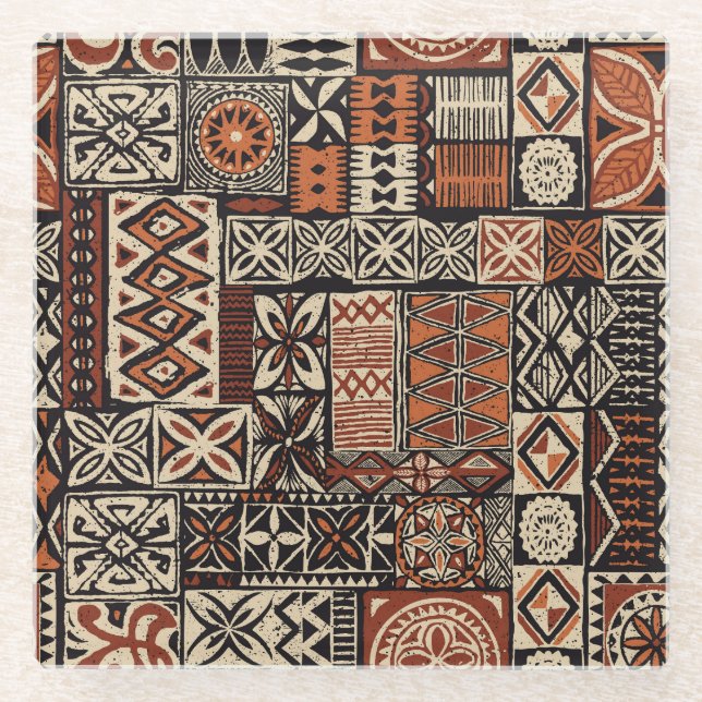 Hawaiian Tapa: Tribal Patchwork Glass Coaster (Front)