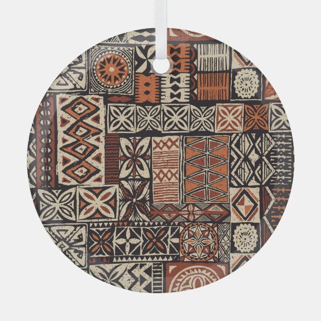 Hawaiian Tapa: Tribal Patchwork Glass Ornament (Front)