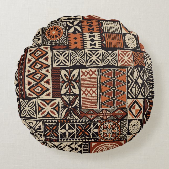 Hawaiian Tapa: Tribal Patchwork Round Pillow (Front)
