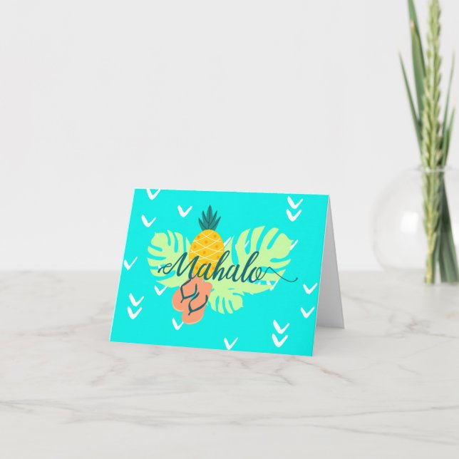 Hawaiian Teal Mahalo Script Pineapple Monstera Holiday Card (Front)