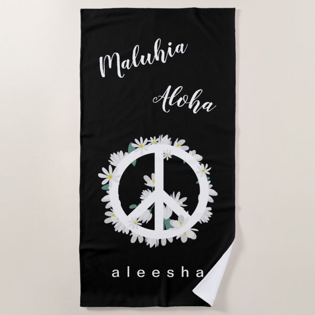 Hawaiian Theme Peace Love Floral Peace Sign Beach Towel (Front)