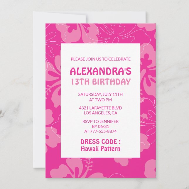 Hawaiian themed 13th birthday party pink invitation (Front)