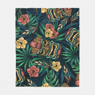 Hawaiian Tiki Mask Tropical Pattern Fleece Blanket