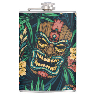 Hawaiian Tiki Mask Tropical Pattern Hip Flask