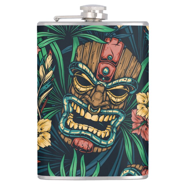 Hawaiian Tiki Mask Tropical Pattern Hip Flask (Front)