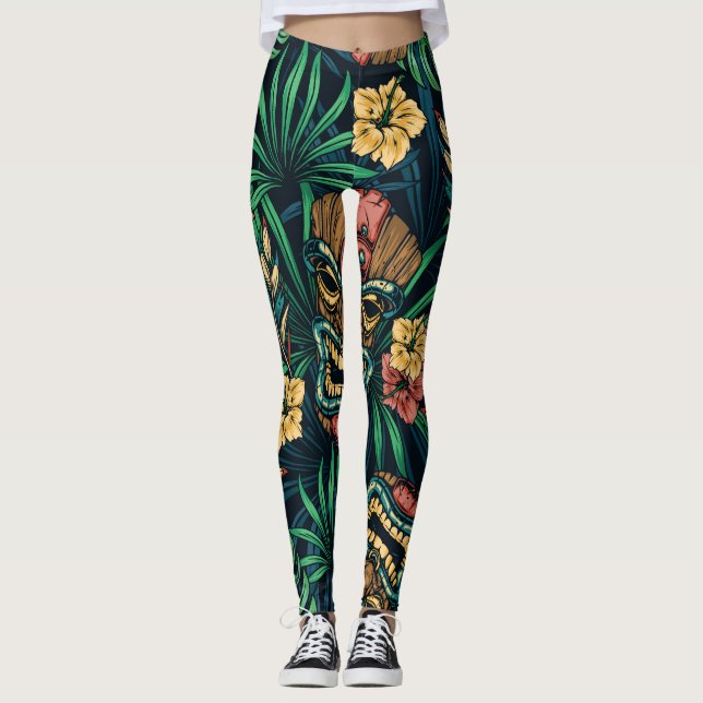 Hawaiian Tiki Mask Tropical Pattern Leggings (Front)