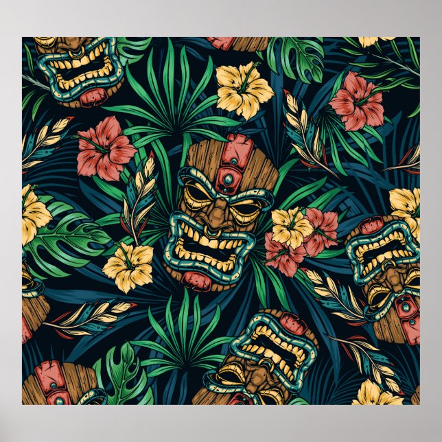 Hawaiian Tiki Mask Tropical Pattern Poster (Front)