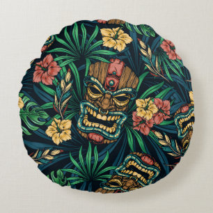 Hawaiian Tiki Mask Tropical Pattern Round Pillow