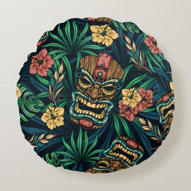 Hawaiian Tiki Mask Tropical Pattern Round Pillow (Front)