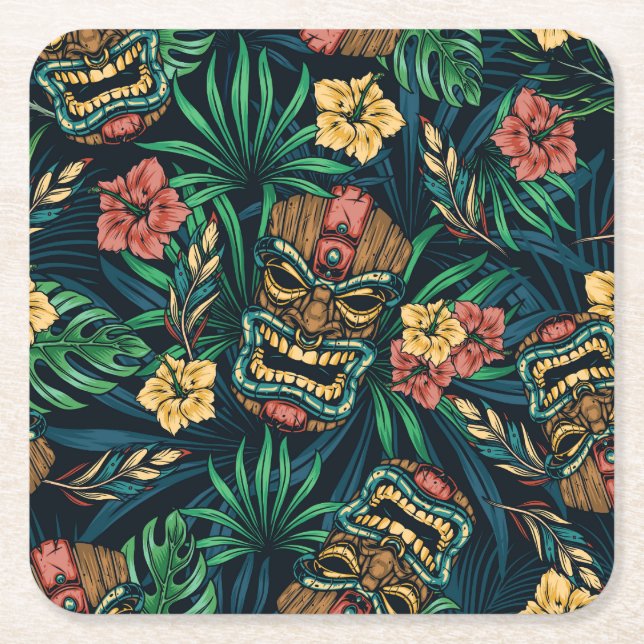 Hawaiian Tiki Mask Tropical Pattern Square Paper Coaster (Front)