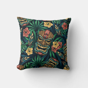 Hawaiian Tiki Mask Tropical Pattern Throw Pillow