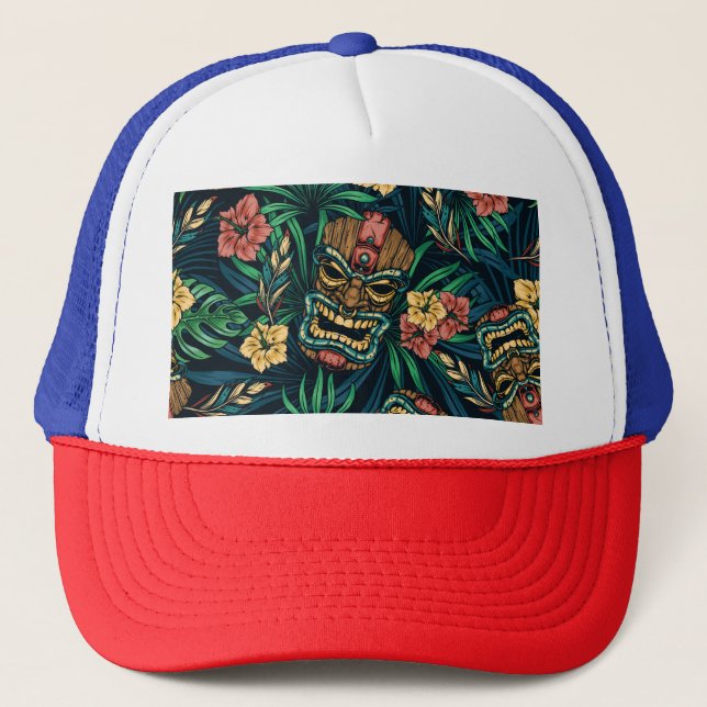Hawaiian Tiki Mask Tropical Pattern Trucker Hat (Front)