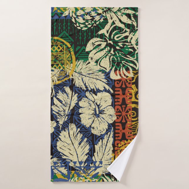 Hawaiian tribal elements and hibiscus fabric patch bath towel (Bath Towel)