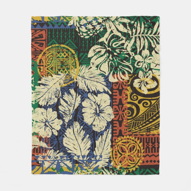 Hawaiian tribal elements and hibiscus fabric patch fleece blanket (Front)