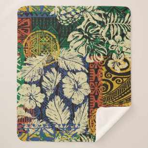 Hawaiian tribal elements and hibiscus fabric patch sherpa blanket