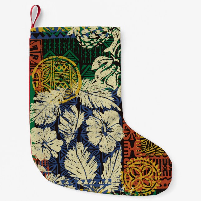 Hawaiian tribal elements and hibiscus fabric patch small christmas stocking (Front)