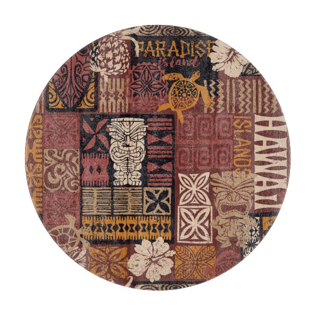 Hawaiian Tribal: Vintage Fabric Patchwork Cutting Board (Front)