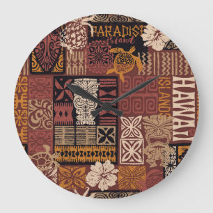 Hawaiian Tribal: Vintage Fabric Patchwork Large Clock