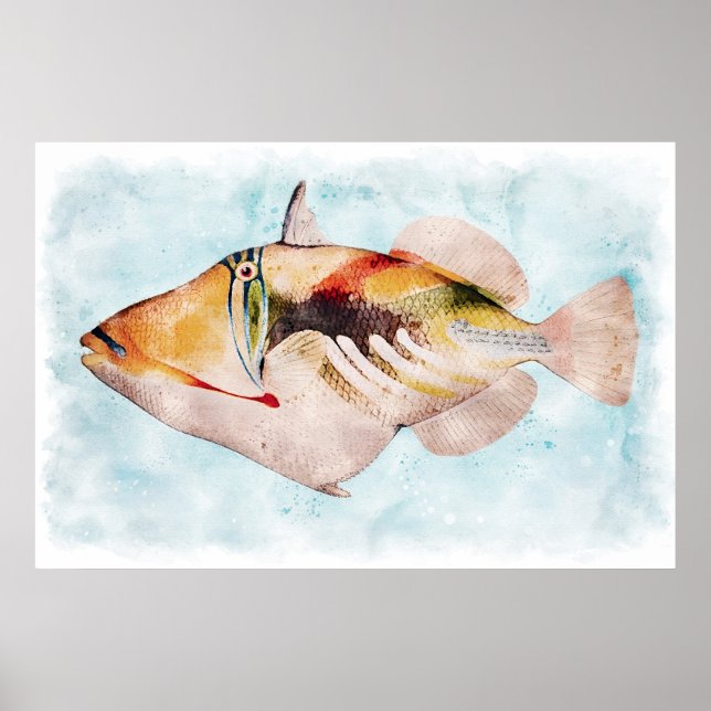 Hawaiian Triggerfish Fish Watercolor Poster (Front)