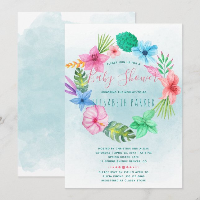 Hawaiian tropical blue floral wreath baby shower invitation (Front/Back)