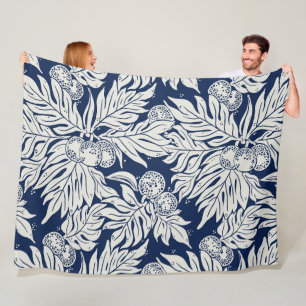 Hawaiian Tropical breadfruit ulu in indigo Fleece Blanket