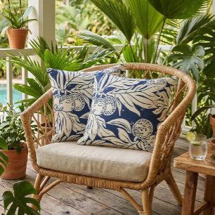 Hawaiian Tropical breadfruit ulu in indigo Throw Pillow