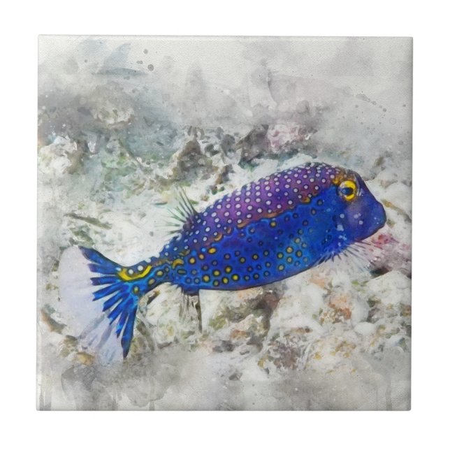 Hawaiian Tropical Fish Watercolor - Boxfish Tile (Front)