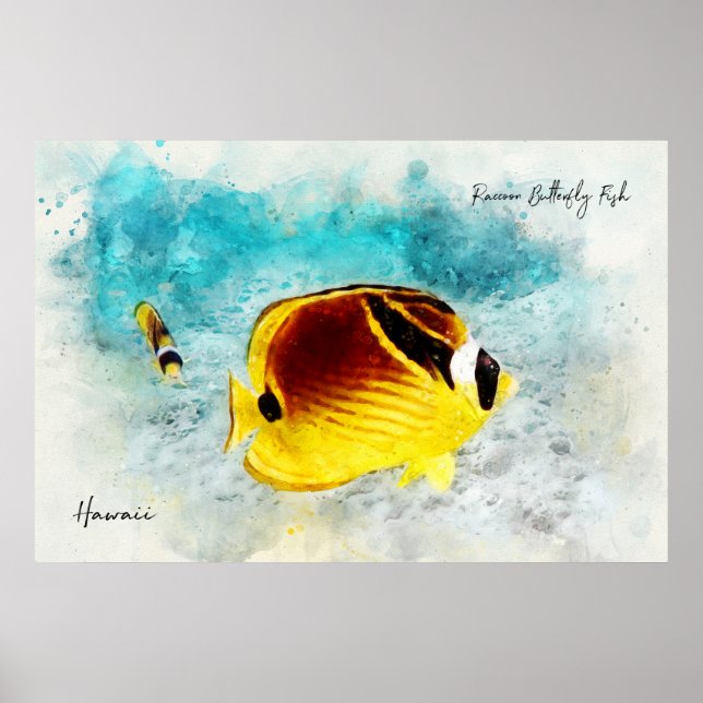 Hawaiian Tropical Fish Watercolor - Butterflyfish Poster (Front)