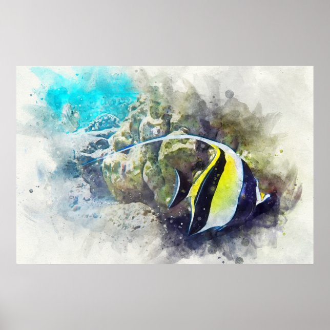 Hawaiian Tropical Fish Watercolor - Moorish Idol Poster (Front)